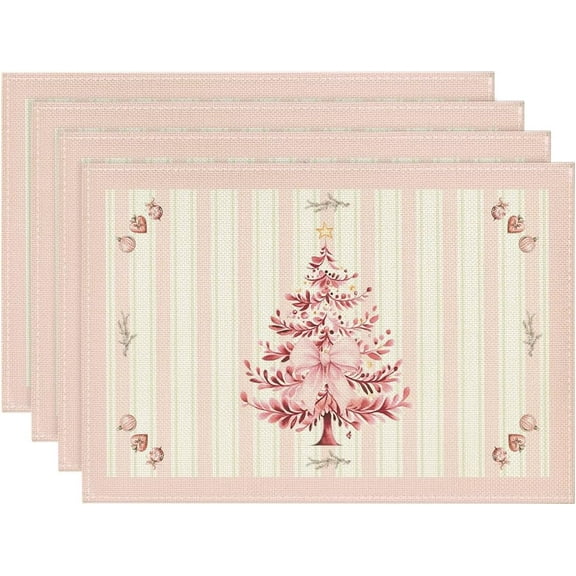 mubwai Xmas Pine Pink Winter Placemats Set of 4, 12x18 Inch Seasonal Christmas Table Mats for Party Kitchen Dining Decoration