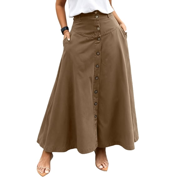 Women’s A-Line Skirt, High Waist Midi Skirt with Front Slit, Pockets, and Button Detail, Elegant and Practical for Work, Church, or Luncheon Outings. Brown S