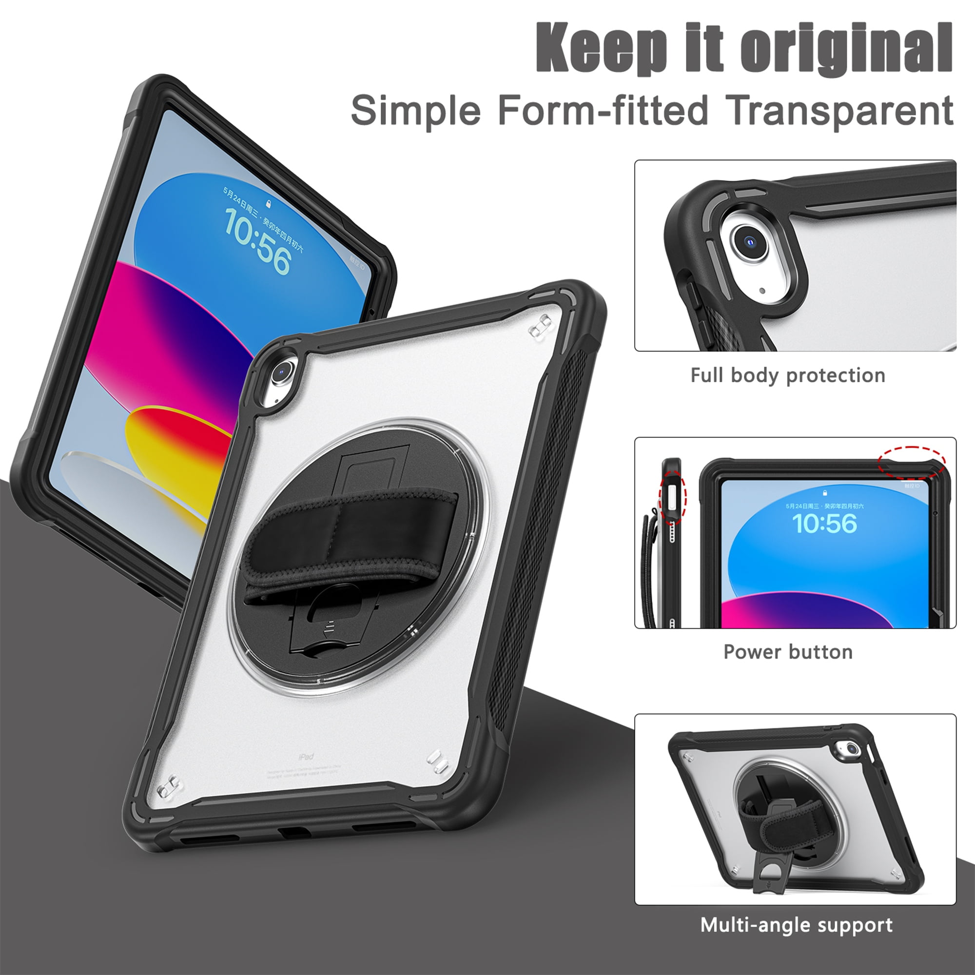Dteck for iPad 10th Generation Case with Screen Protector,360 Rotating Stand & Pencil Holder & Hand & Shoulder Strap Shockproof Kids Case for 10.9 inch iPad 10th Gen 2022,Black
