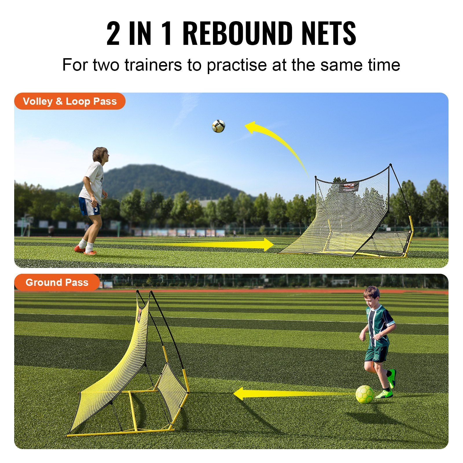 71"x40" Soccer Practice Rebounder Net, Durable Iron Football Trainer – 2-in-1 Portable Design for Passing, Volley & Solo Drills