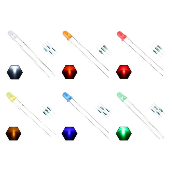 EDGELEC 3mm 6 Colors x 20pcs (120pcs) Assorted Colors Lights LED Diodes (Colored Lens) Diffused Round Lens 29mm Long Lead +200pcs Resistors (for DC 6-12V) Included,Bulb Lamps Light Emitting Diode