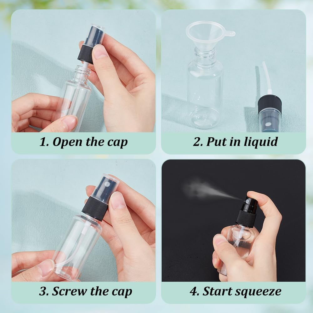 120Pcs Plastic Travel Spray Bottles 0.3oz/10ml 0.7oz/20ml 1oz/30ml Mixed Capacity Mini Travel Bottle Set with 6pcs Funnels Refillable Liquid Containers for Essential Oils Toners Carrying DIY