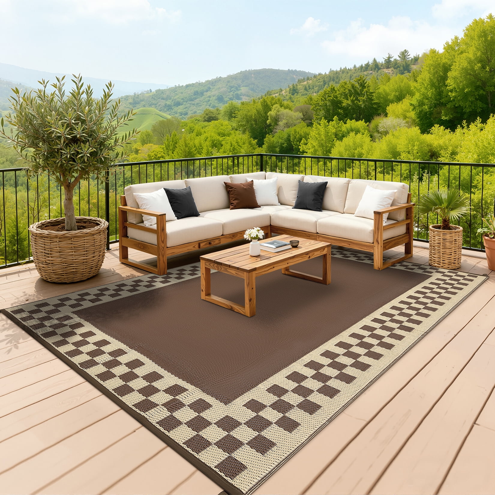 HIWEAVER 9' x 12' Brown Outdoor Rug PP Plastic Straw Woven Waterproof Patio Rug with Border Portable Outside Carpet for Balcony Deck Picnic Garden Decor