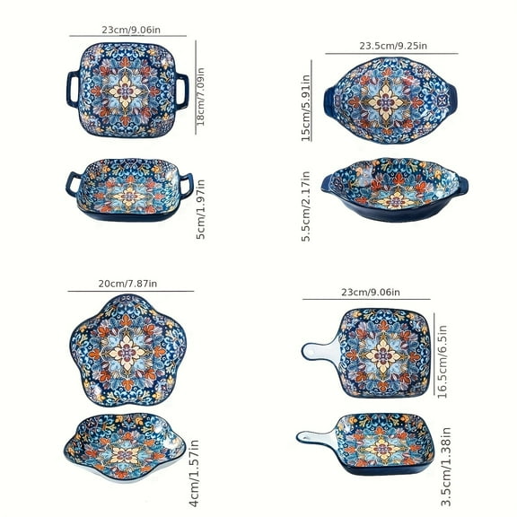 4-Piece Bohemian Ceramic Baking Dish Set - Oven-Safe for Rice, Pasta - Perfect for Home & Entertaining - Stylish High-Value Dining
