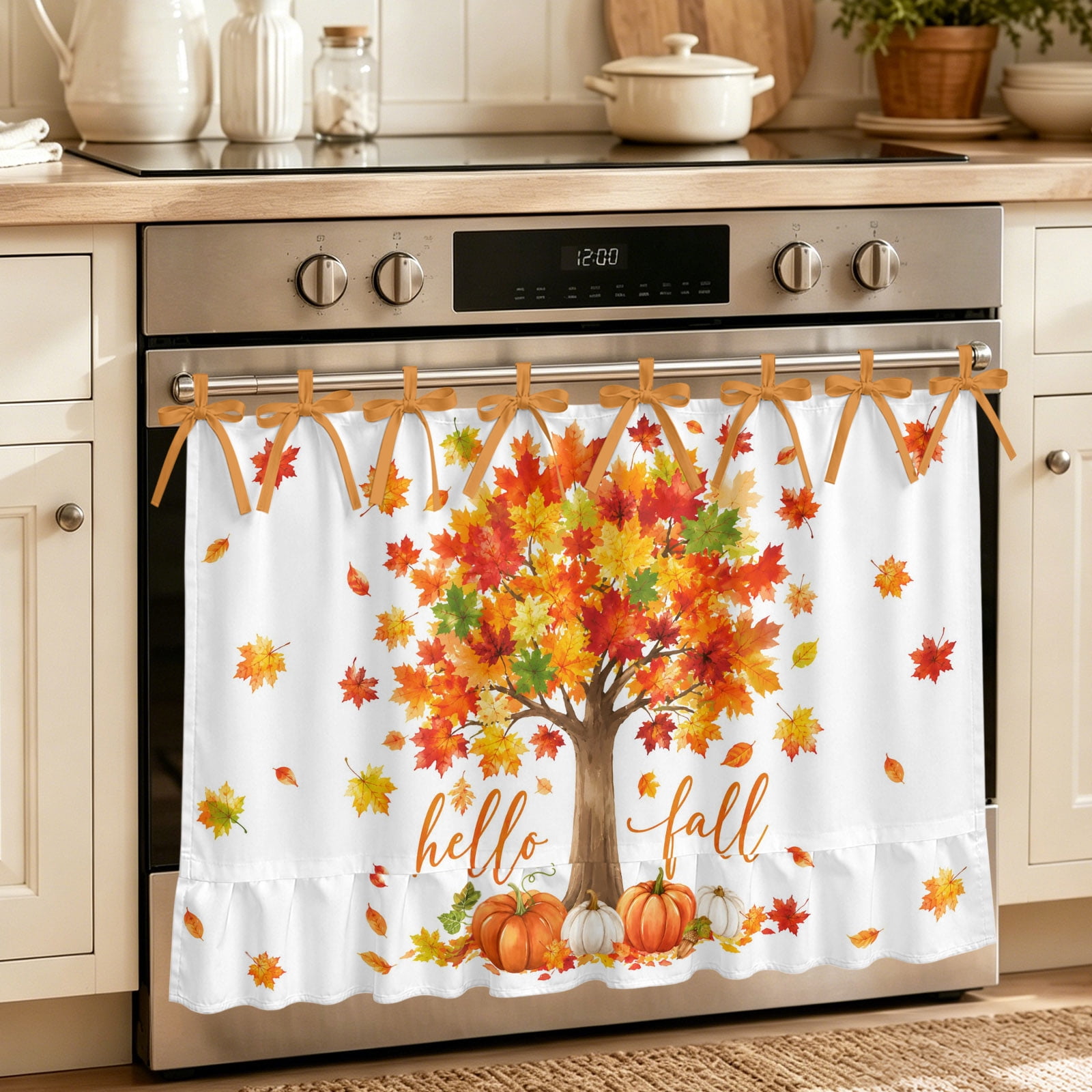Oven Curtain for Kitchen Thanksgiving Maple Tree Stove Curtain With Ruffled Trim Dishwasher Curtains Hello Fall Words Pumpkins Oven Skirt 27 x20