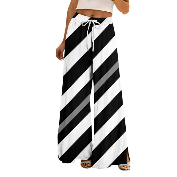 FUNUONY Flowy Wide Leg Palazzo Pants for Women - High Waist Casual Beach Lounge Stripe Pants Loose Dress Pants Stretchy Trousers Summer Casual Print Pocket Wide Elastic Pants Casual Pants Black L