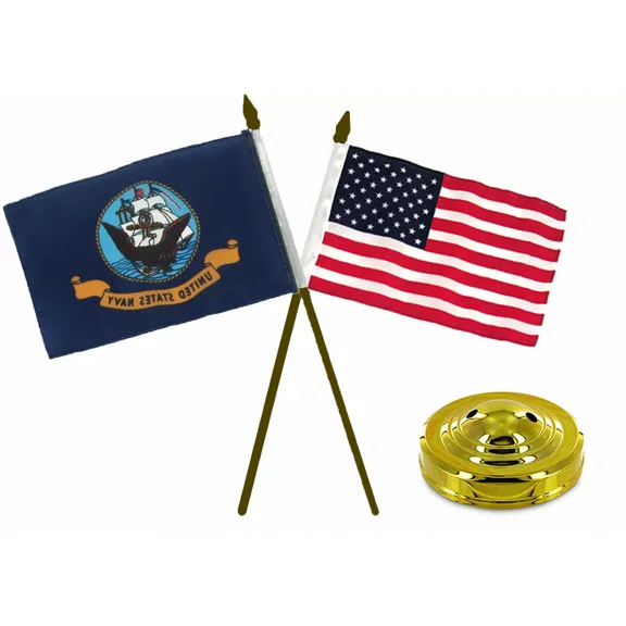 Navy Ship & USA American Gold Staff Flags 4"x6" Desk Set Gold Base