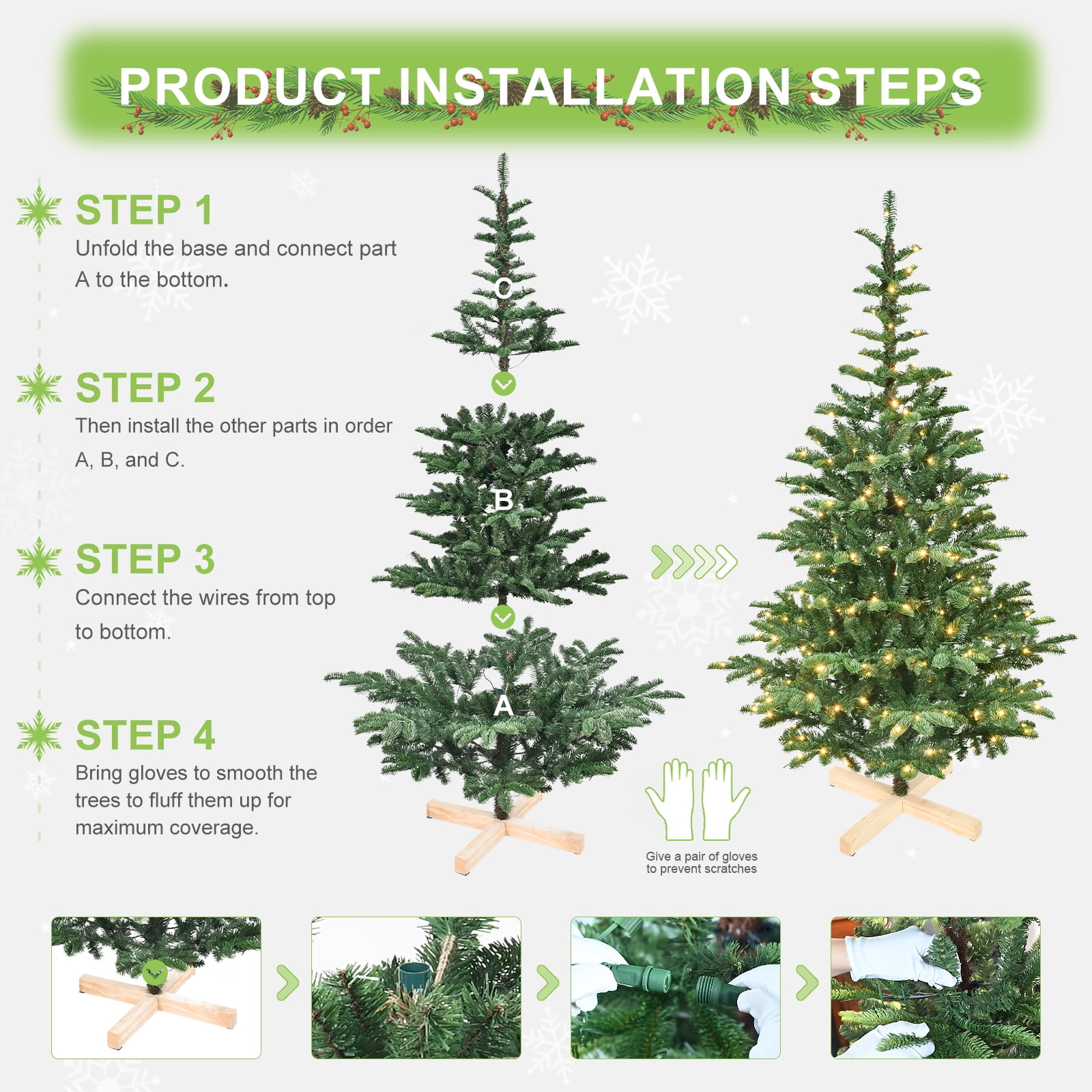 8ft Prelit Christmas Tree with Wooden Base 1307 Tips 500 Warm White LED Lights Rustic Holiday Decor