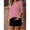 thumbnail image 1 of T-shirt à Manches Longues Rayé Rouge et Blanc pour Femmes, Coton, Coupe Ample, Basique, Col Rond, Hauts, Tee, Automne, Chandails, Nouveau, 1 of 3
