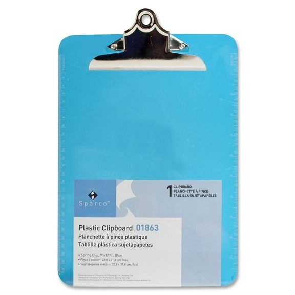 Sparco 9" x 12.5" Plastic Clipboard, Blue