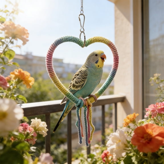 Colorful Parrot Perch Swing with Concrete Grooming Surface for Claw & Beak Care, Hanging Wooden Bead Bird Toy for Small Birds