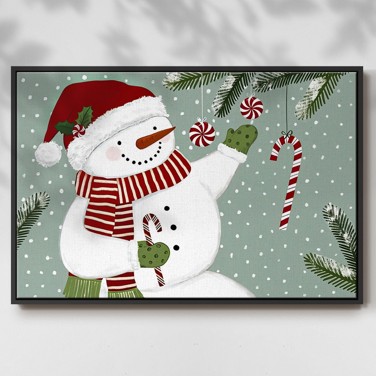 Peppermint Snowman Collection A - Framed Gallery Wrapped Holiday Canvas - 27 x 41 - Black Frame