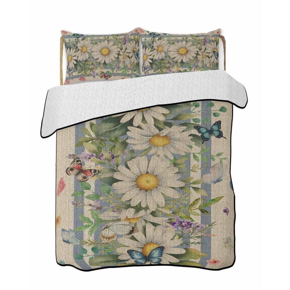 Full Size Quilt Bedding Set, Vintage Daisy Floral Reversible Summer Quilt 3 Pieces, Spring Flowers Botanical Striped Beige Lightweight Bedspreads Coverlets with 2 Pillow Shams for All Seasons