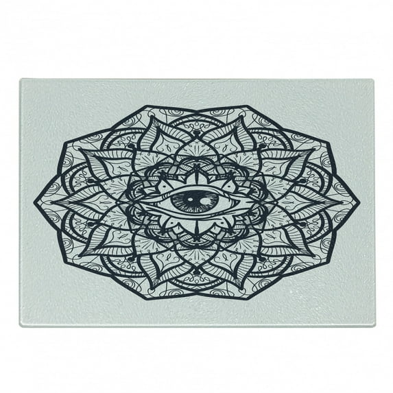 Occult Cutting Board, Abstract Ornamental Eye with Mandala Form Providence Energy in Action Design, Decorative Tempered Glass Cutting and Serving Board, Small Size, Black White, by Ambesonne
