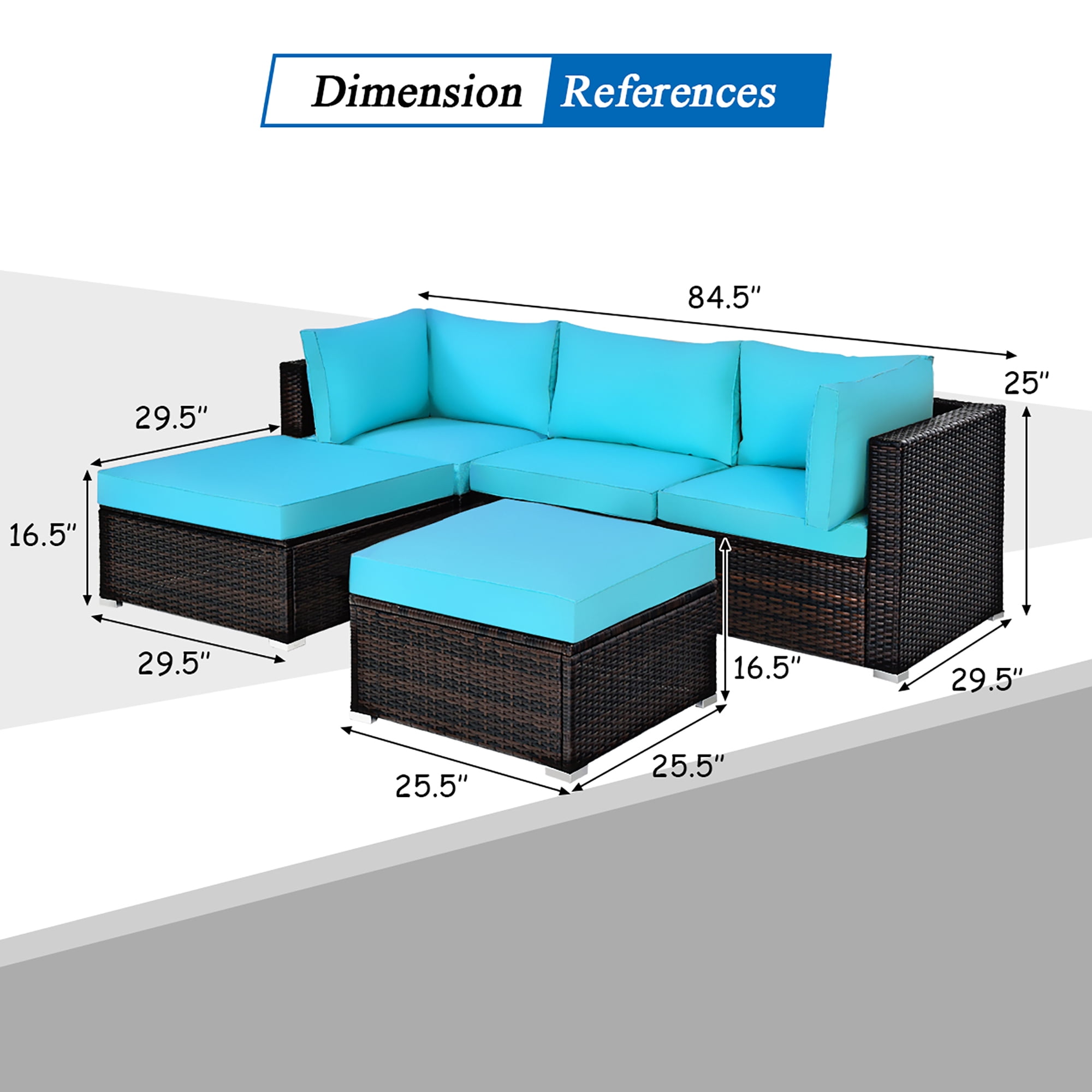 Costway 5PCS Patio Rattan Sectional Conversation Set Ottoman Turquoise