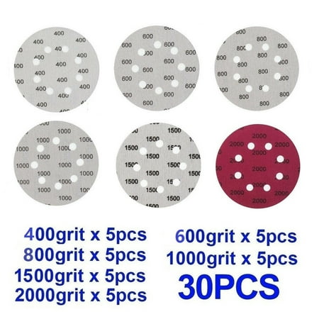 

30pcs 5 Inch 8 Hole Sanding Discs Hook & Loop Wet Dry Sandpaper 400-2000 Grit