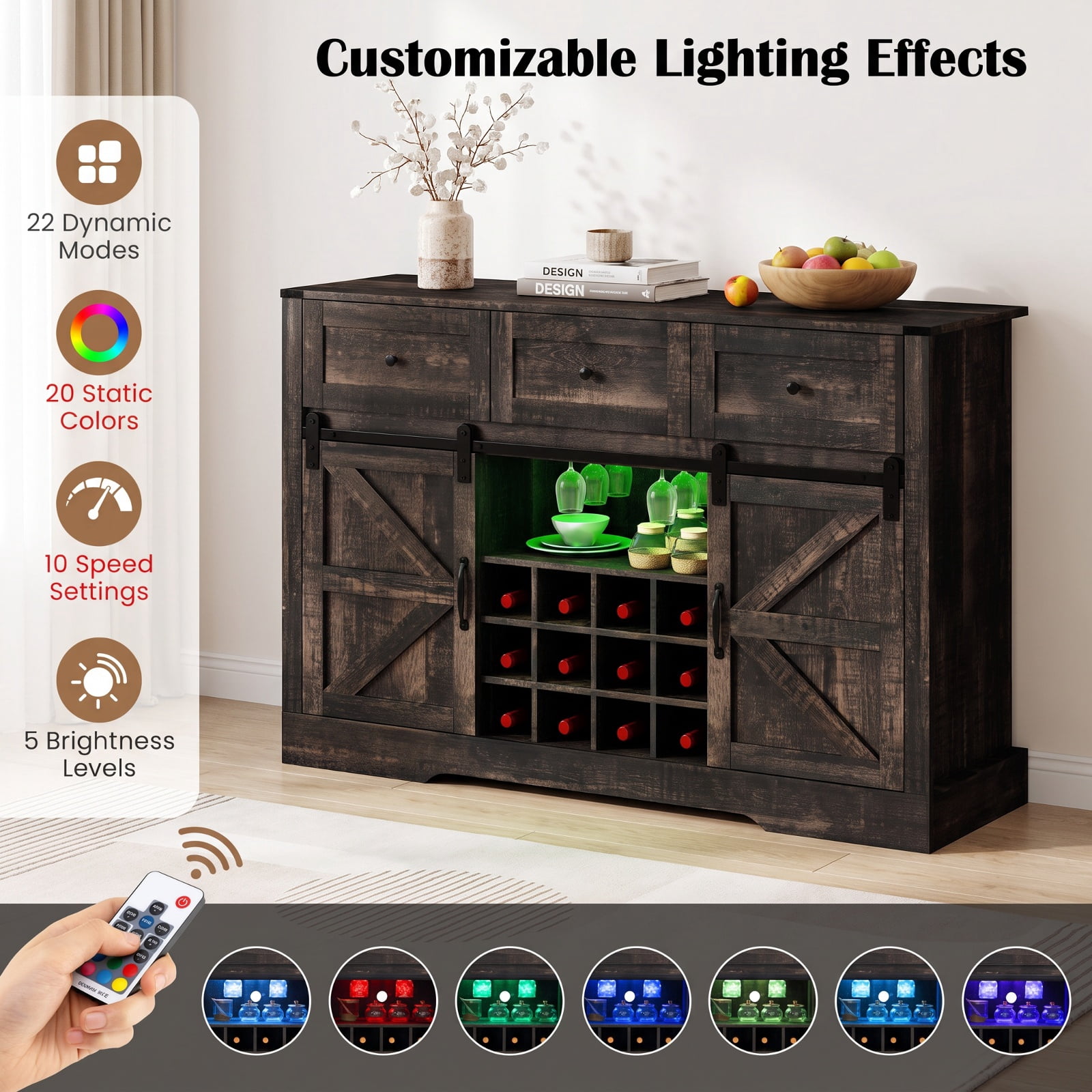 Furnibear 52 Inches Wine Bar Cabinet with LED Lights and Sliding Barn Doors for Living Room Kitchen Dining Home Bar Wine Storage, Black