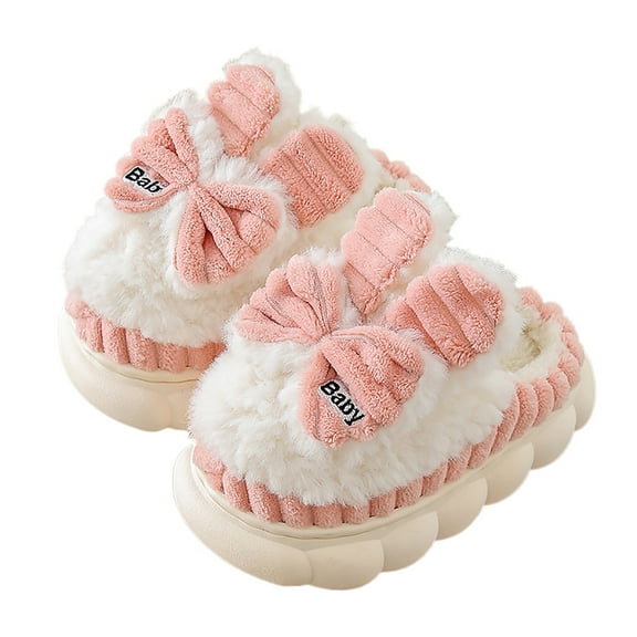 Lujianch Bowknot Winter Family Parents And Children Warm Plush Cotton Slippers Thickened Soft Sole Non Slip Adults And Youngsters Cotton Slippers Kids House Shoes for Girls Size 13