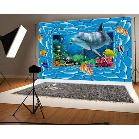 Image of GreenDecor 5x7ft Backdrop Photography Background Dolphins Wonderful Undersea World Colorful Sea Fish Artistic Scenery for Sweet Kids Baby Portrait Backdrop Photo Studio Props