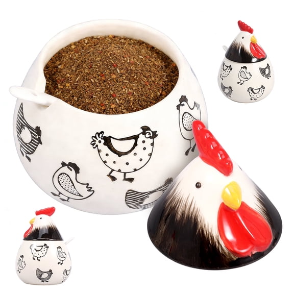FKSZLL 17 Oz Ceramic Chicken Salt Cellar With Lid and Spoon Ceramic Rooster Shape Spice Jars for Salt Sugar Coffee Countertop, Pattern style