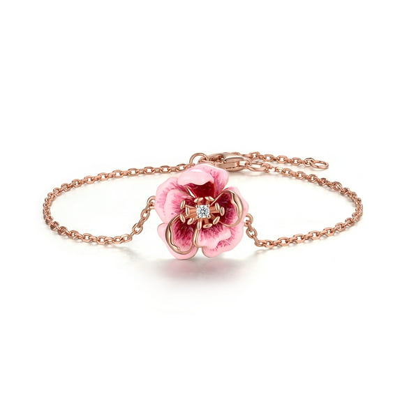 Santuzza 925 Sterling Silver Peony Bracelet White Cubic Zirconia Enamel Reddish Pink Flower Bracelet for Women