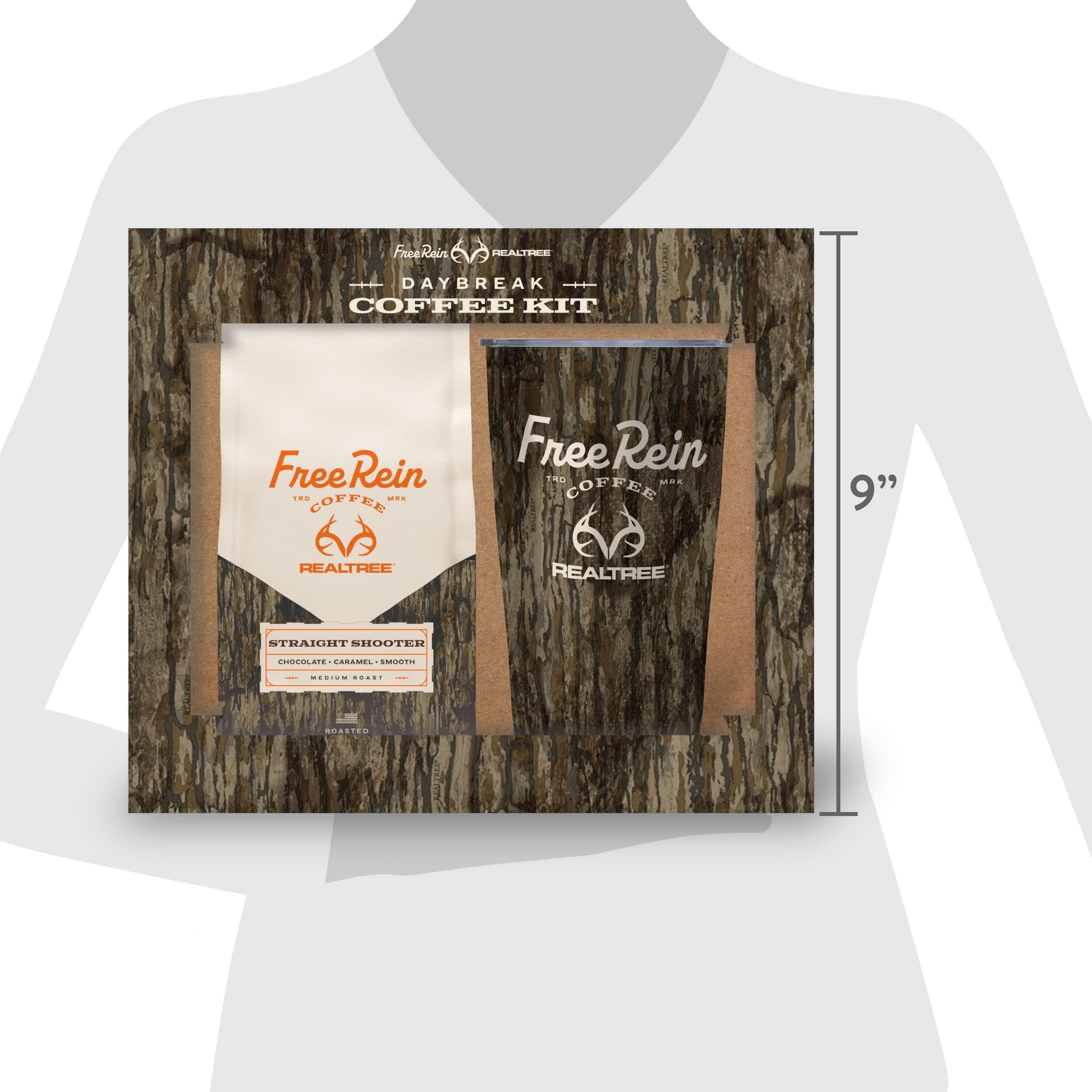 Free Rein x Realtree Daybreak Coffee Kit 100% Arabica Medium Roast Ground Coffee 12oz bag and 20oz Insulated Tumbler