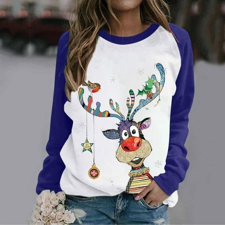 

jsaierl Womens Crewneck Sweatshirts Long Sleeve Shirts Christmas Deer Graphic Tops Plus Size Casual Blouse Tee Pullover Christmas Gifts for Women