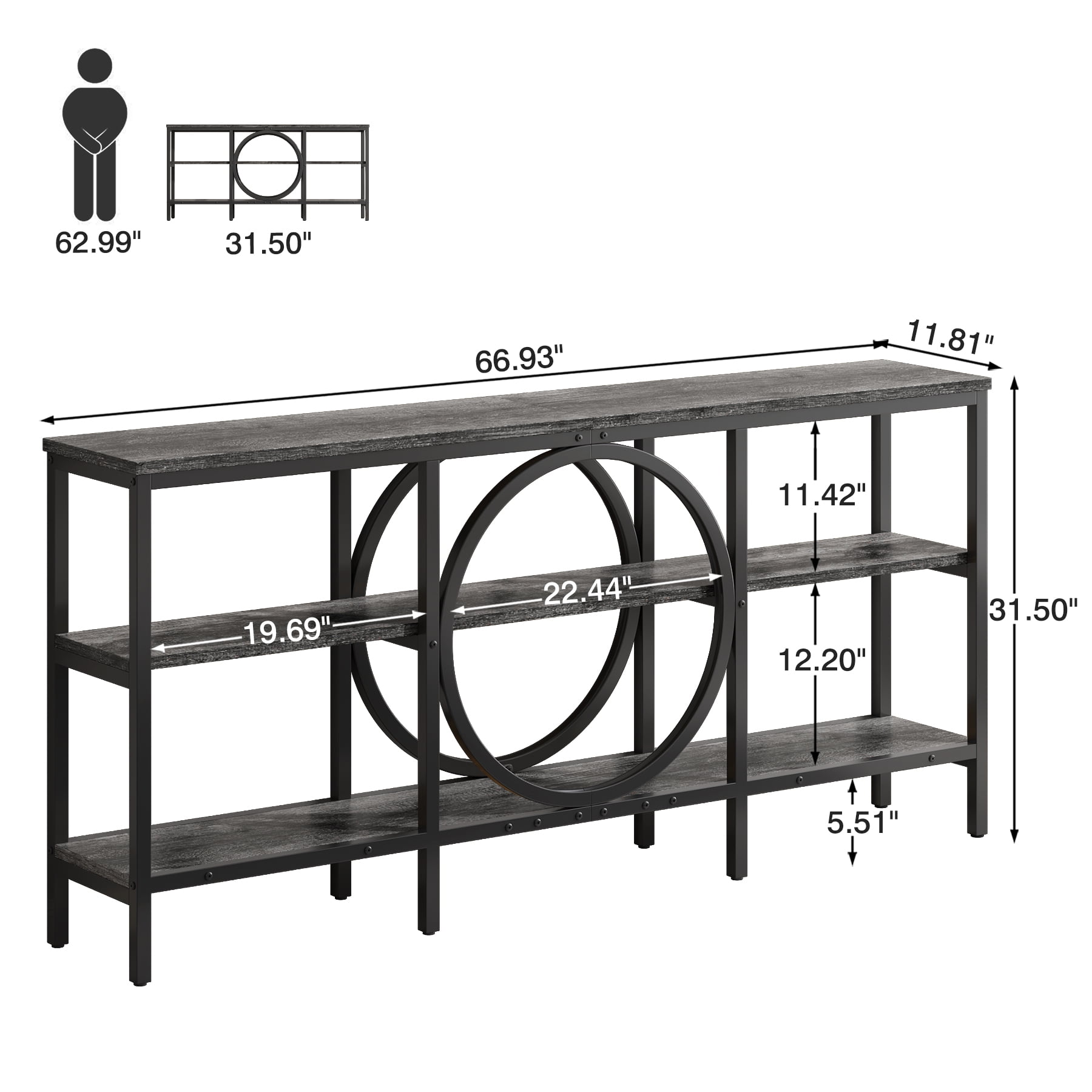 Tarnorci 66.9 Inch Extra Long Sofa Table, Narrow Long Sofa Console Tables Behind Couch Table with Open Storage Shelf, Gray+Black