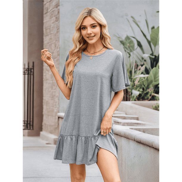 Vestido de Cuello Redondo y Corta Gris XL
