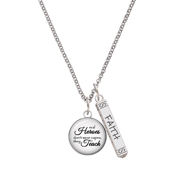 Delight Jewelry Domed Real Heroes Teach Silvertone Believe Faith Prayer Hope Bar Charm Necklace, 23"