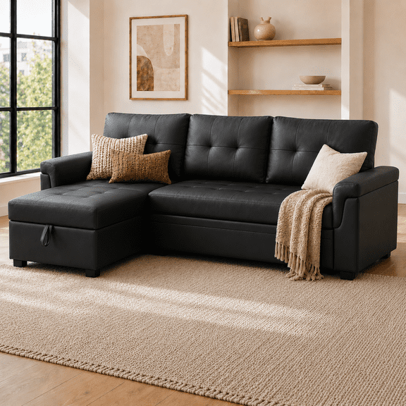 Naomi Home Laura Modern L-Shaped Air Leather Sleeper and Storage Sectional Sofa, Black