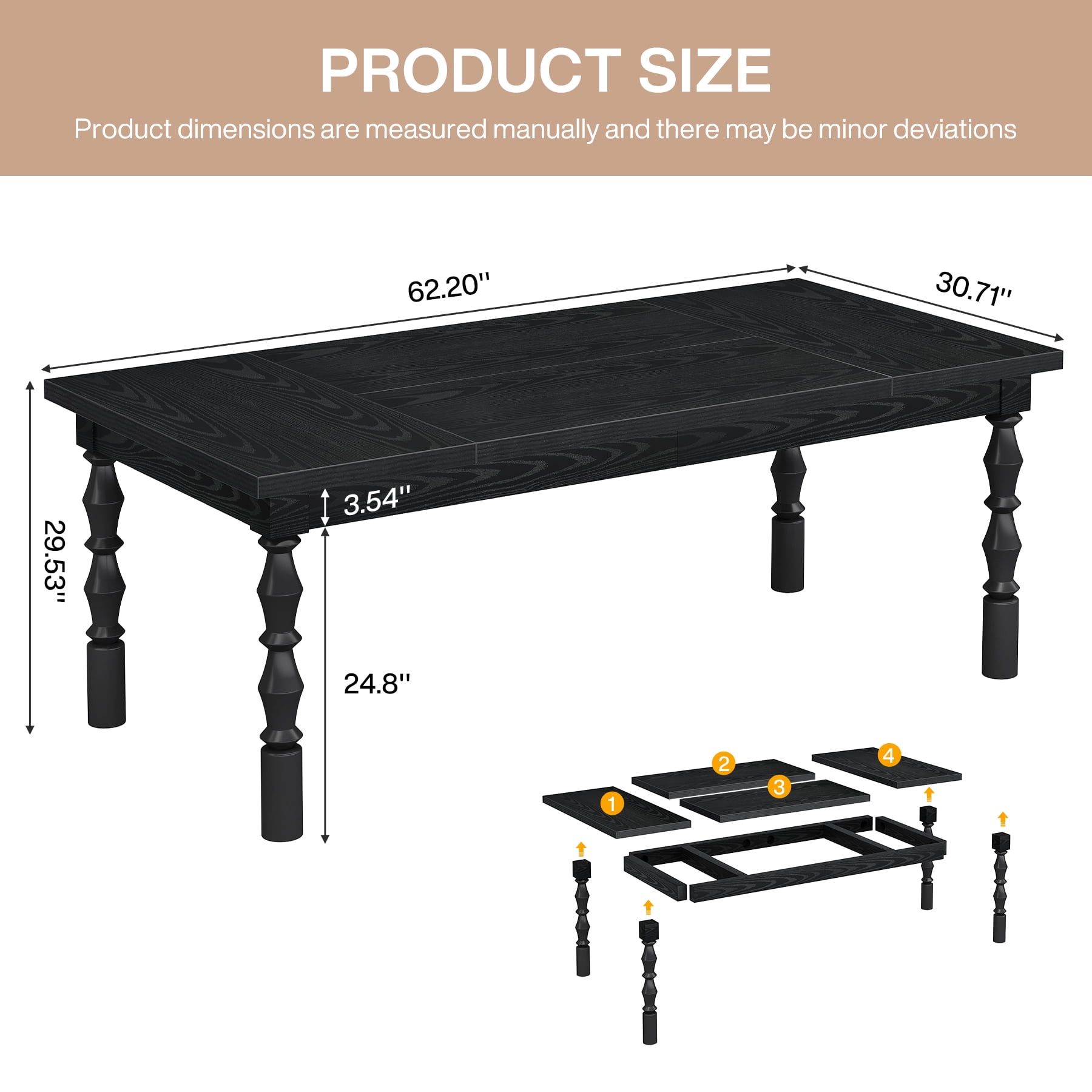 Tribesigns 62.2-Inch Large Wood Executive Desk, Farmhouse Style Writing/Study Table, Business Office Workstation Furniture with Carved Turned Legs, Black