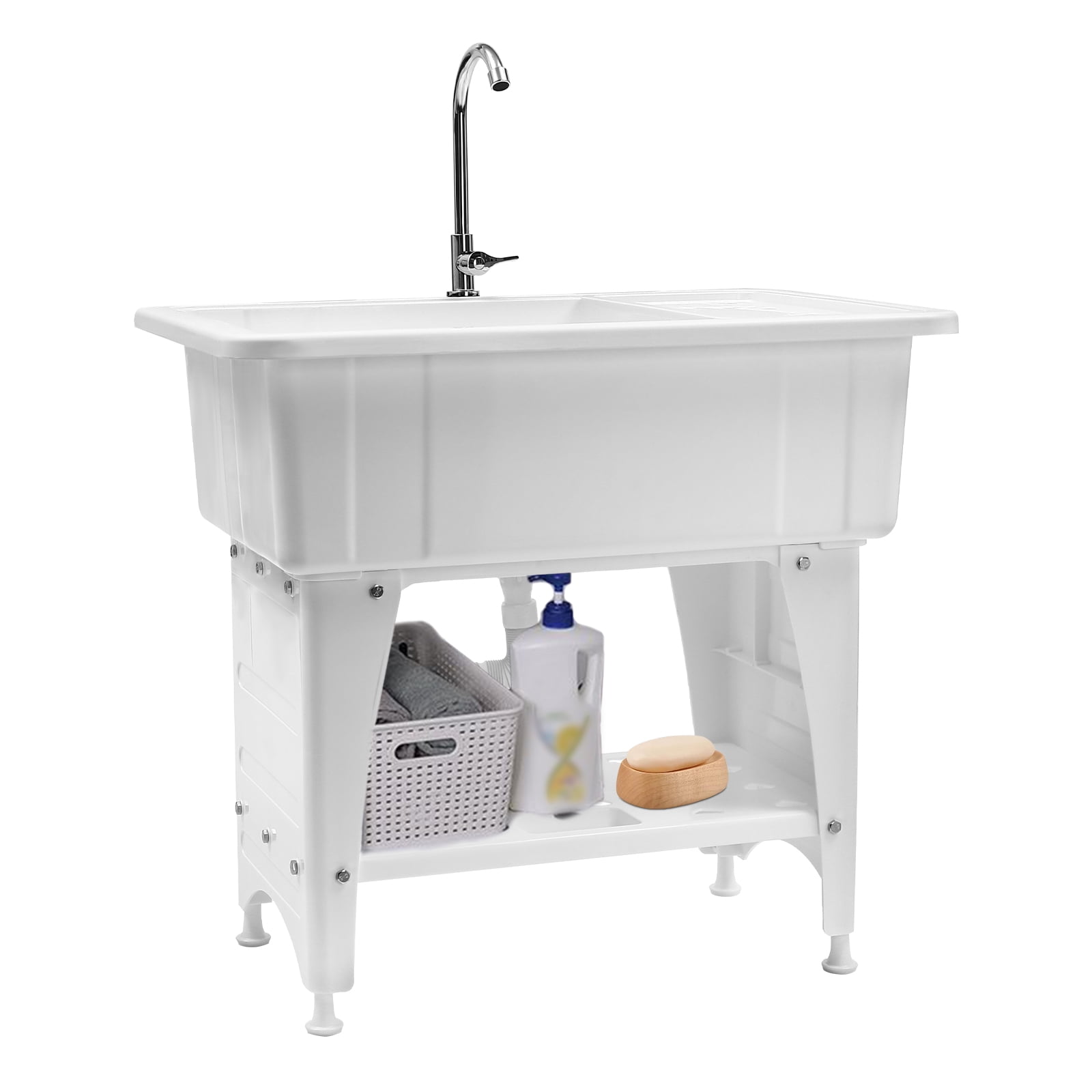 Freestanding Plastic Laundry Sink with Washboard, Indoor and Outdoor Utility Sink, Laundry Tub for Laundry Room