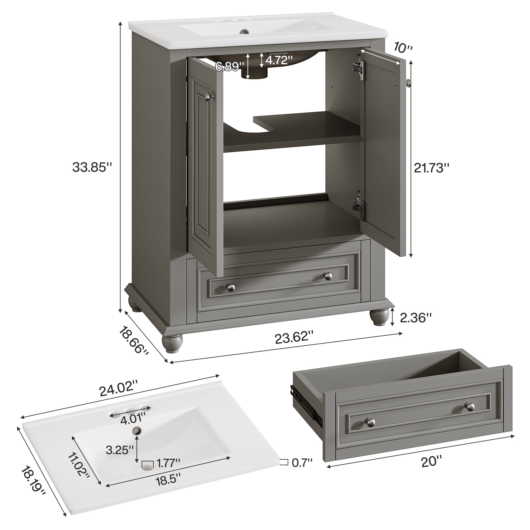 Fnova 24" Bathroom Vanity with Ceramic Sink Combo Freestanding Bathroom Storage Cabinet with 2 Doors 1 Drawer Solid Wood Frame Soft Close Hinges Waterproof Coated Surface for Small Bathroom