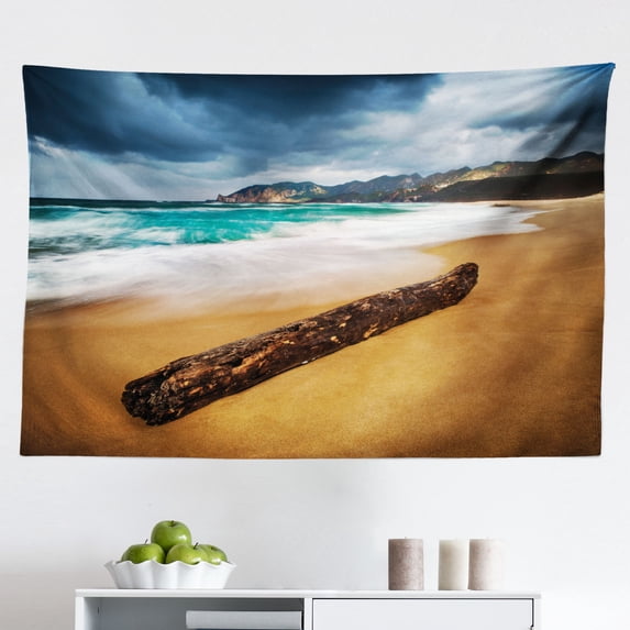 Driftwood Tapestry, Nature Theme Branch of The Fallen Tree Near The Mountain Lake and The Forest, Fabric Wall Hanging Decor for Bedroom Living Room Dorm, 2 Sizes, Cream Green, by Ambesonne