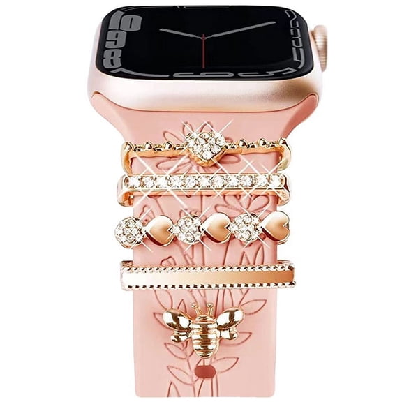 Charm Band for Apple Watch Bands 40mm 41mm 38mm 44mm 45mm 46mm 42mm Women,Floral Engraved Silicone Sport Band Decorative Ring Loops for iWatch Series 11 10 9 8 7 6 5 4 SE/Ultra 49mm 3/2,Jewelry Strap