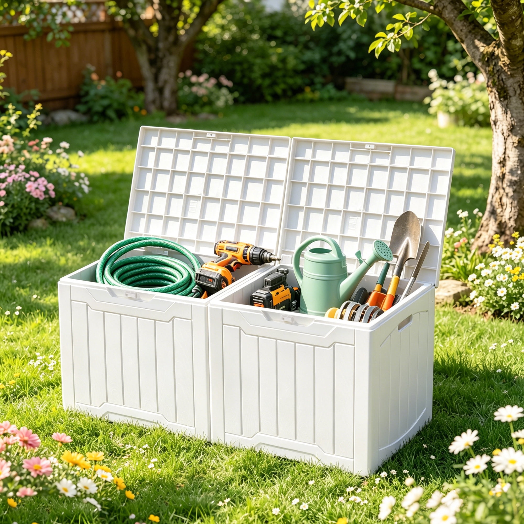 Uforic 2 Pack 31 Gallon Resin Deck Box, Lockable Weatherproof Outdoor Storage Container, White