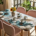 thumbnail image 3 of Teal Tulip Butterfly Table Cloths for 3 Foot Rectangle Tables, Beige Turquoise Floral Farmhouse Blue Patio Waterproof Elastic Fitted Tablecloths, Washable Rectangular Table Cover for Camping, 3 of 8