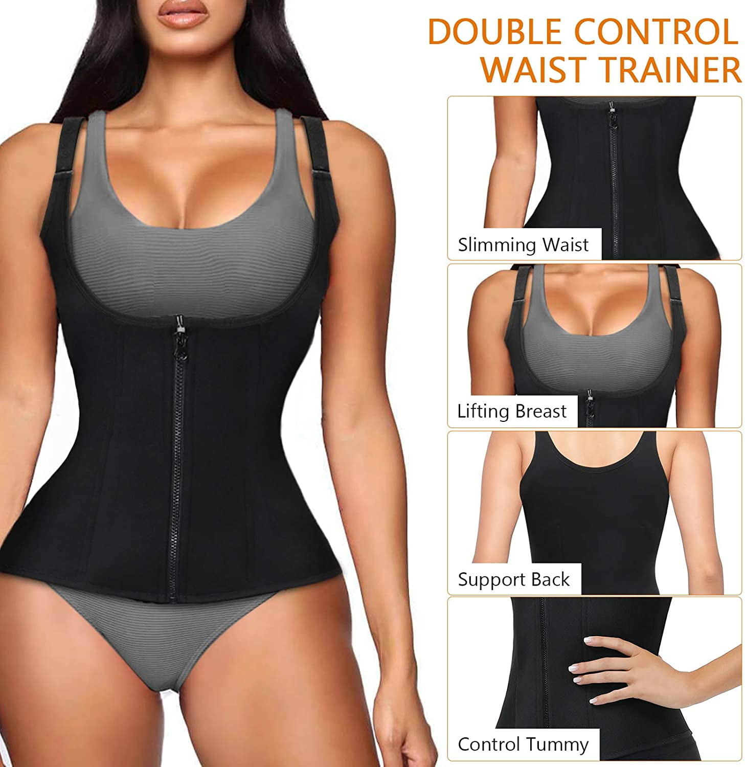 Vaslanda Sweat Waist Trainer for Women Neoprene Sauna Tank Top Zipper Vest Workout Sport Double Compression Girdle