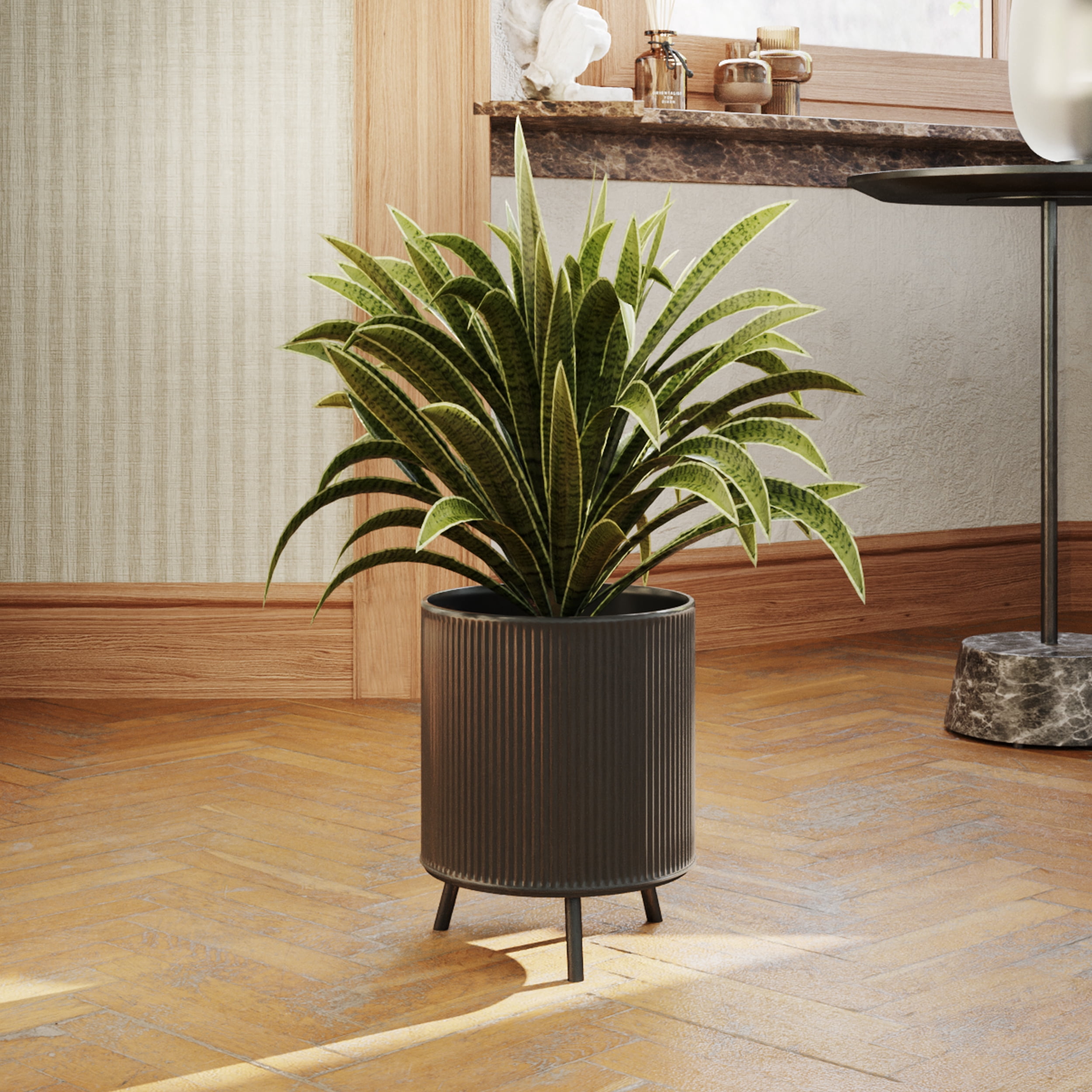 Everett Black Mid-Century Modern Indoor Metal Pot Planter with 3-Leg Metal Base - 10.5" H x 8" W