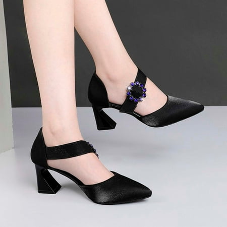 

Fashion Women Pointed Toe Rhinestone Buckle High Heels Pointed Toe Hollow Cloth Thick Heel Shoes