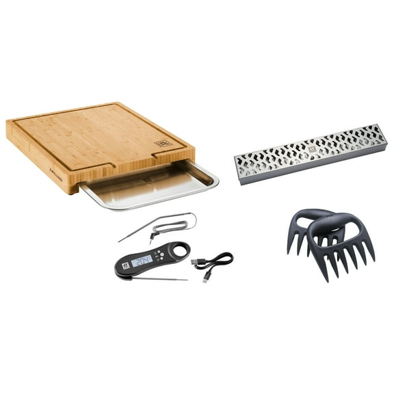 ZWILLING BBQ  4-pc Grill Smoker Set, Bamboo Cutting Board (15.5 x 12) with Tray, Smoker Box, Digital Thermometer, Meat Claws