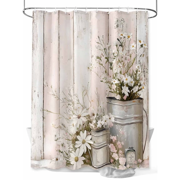 Fsddascl Spring Flowers Shower Curtain Set - 36" x 78" Washable Bathtub Curtain with 12 Hooks, White Daisies Botanical Floral Wooden Waterproof Fabric Stall Shower Curtains for Bathroom/Bathtub