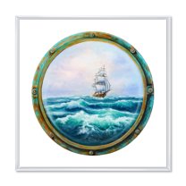 Designart 'Ship In Stormy Ocean Through Cabin Window' Nautical & Coastal Framed Canvas Wall Art Print