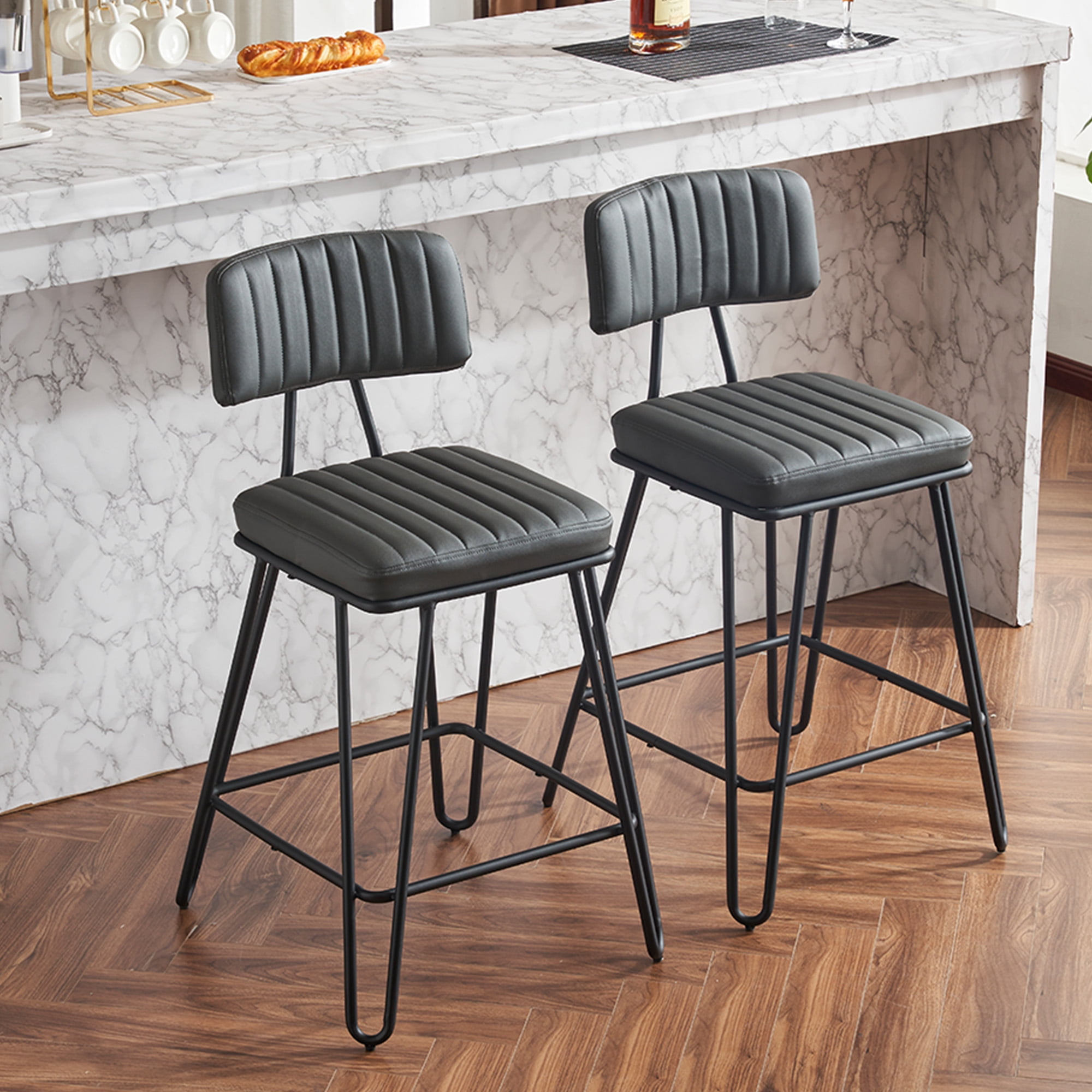 Industrial Vintage Bar Stools Set of 2 Counter Height with Grey PU Leather and Black Metal Frame Angled Backrest for Kitchen Dining