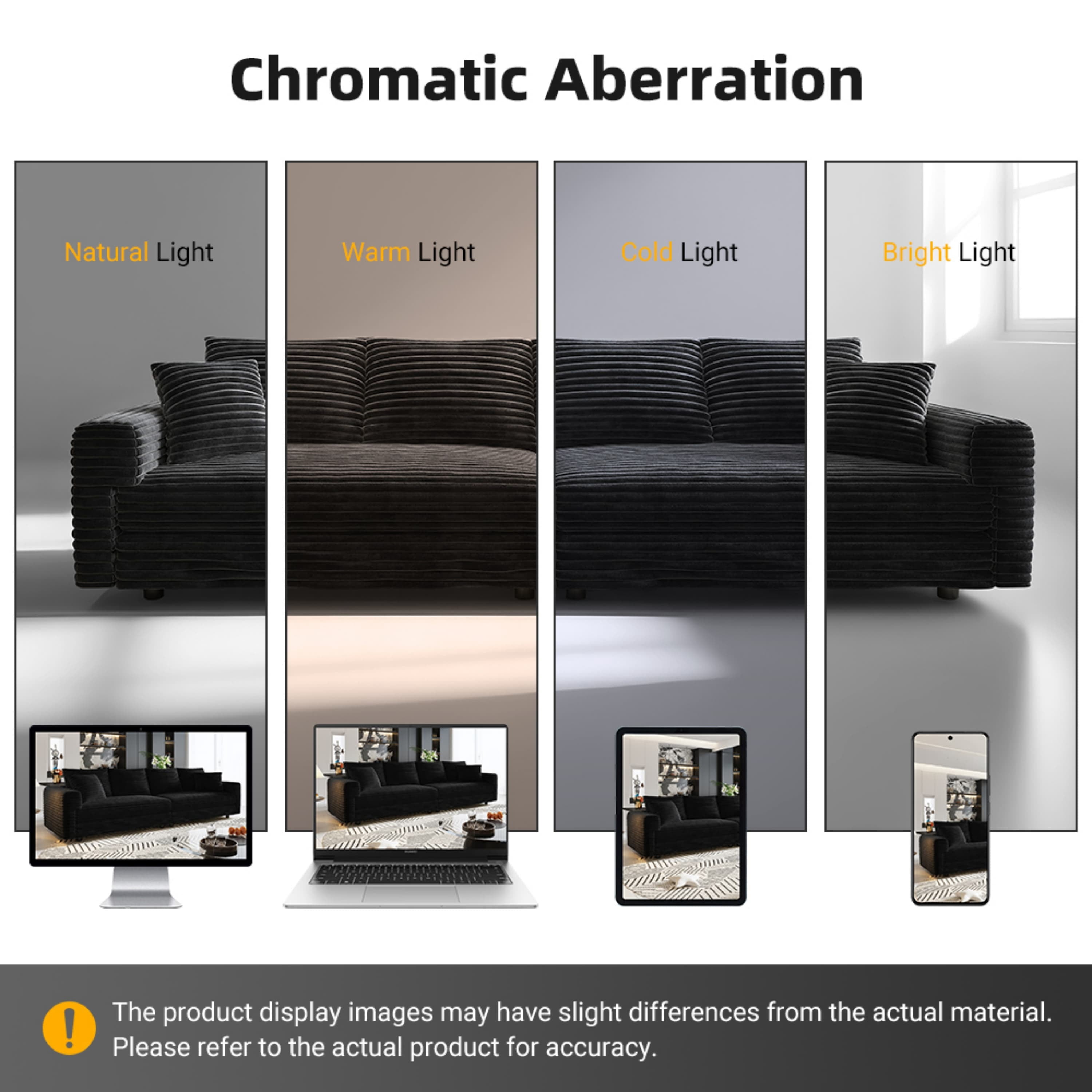 Alvantor 4-Seat Sofa with 3 Movable Ottomans 102" W Corduroy Upholstered Deep Seat Couches Convertible Chaise for Living Room, Apartment Black