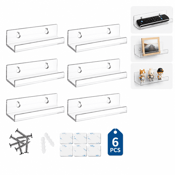 4" Clear Acrylic Floating Shelves, 6-Pack Wall Mounted Display Ledges, Modern Heavy-Duty Acrylic Shelves for Bedroom, Living Room, Bathroom, Kitchen