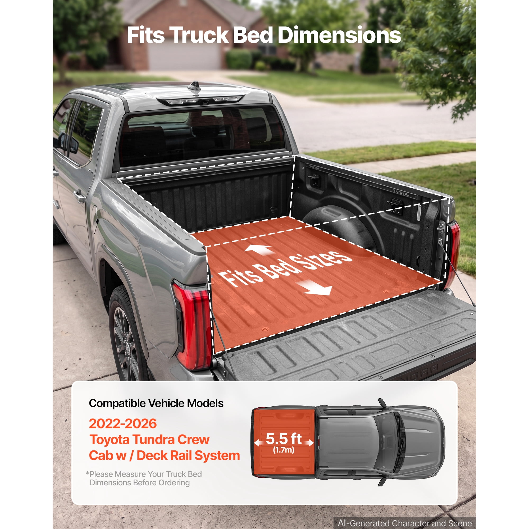 KFFKFF Retractable Hard Truck Bed Cover 5.5FT, Manual Sliding Design, Fits 2022-2026 Toyota Tundra Crew Cab with Deck Rail System, Durable Aluminum, Waterproof, Secure Lock for Travel
