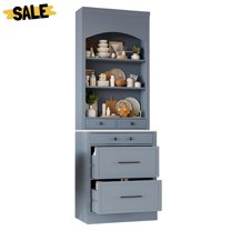 GZXS Modern Freestanding Tall Buffet Cabinet with Hutch 5 Drawer Storage, Adjustable Shelves, and Faux Marble Top for Kitchen, Dining & Living Spaces, Gray