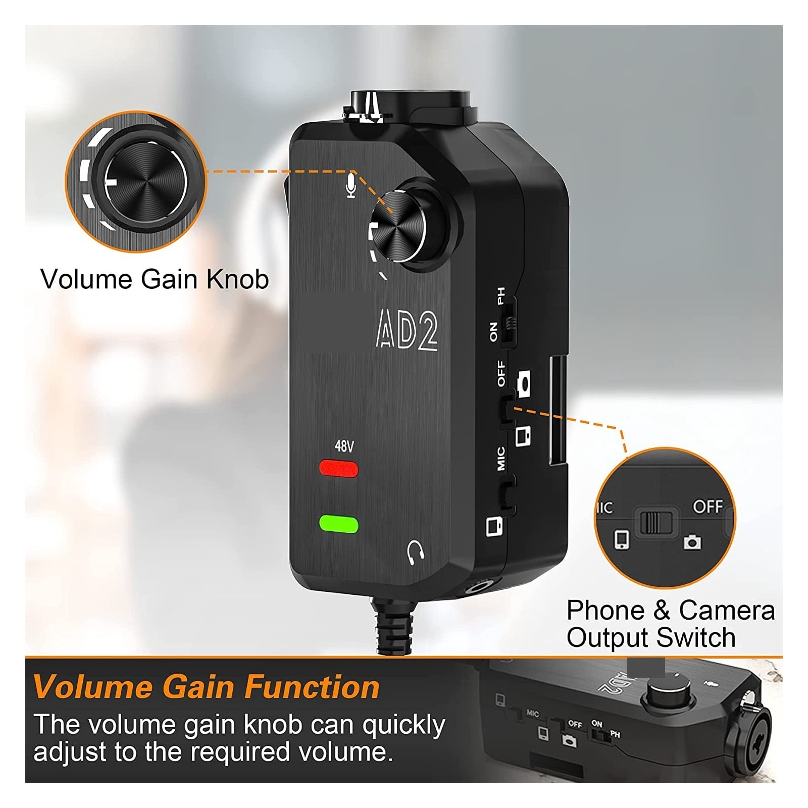 AD2 XLR/ 6.35mm Preamp Adapter With 48V Phantom Power Guitar Interface Microphone Preamp